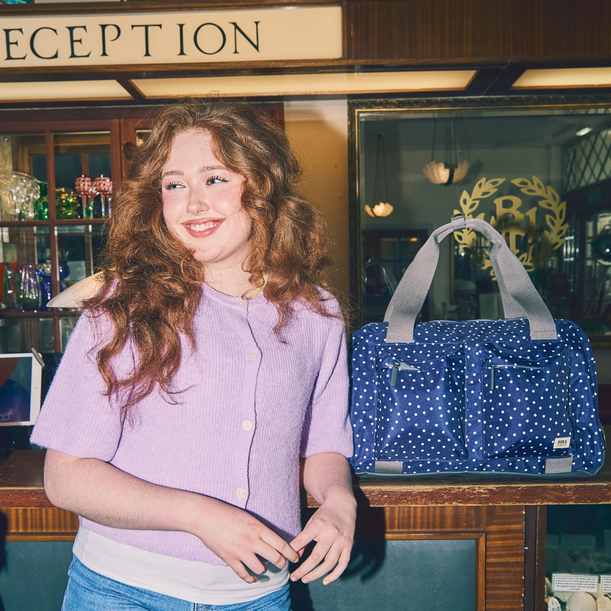 Gatwick Carry-On Duffel Bag in Navy Polka Dot
