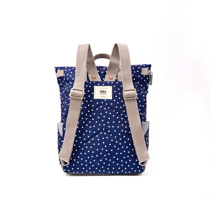 Canfield Roll Top Backpack in Navy Polka Dot