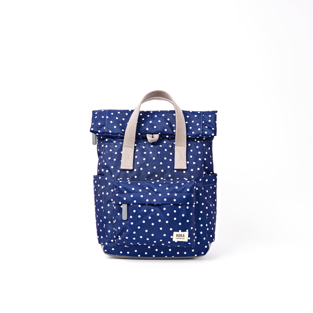 Canfield Roll Top Backpack in Navy Polka Dot