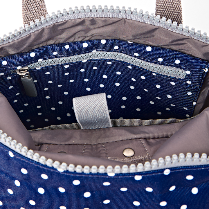 Canfield Roll Top Backpack in Navy Polka Dot