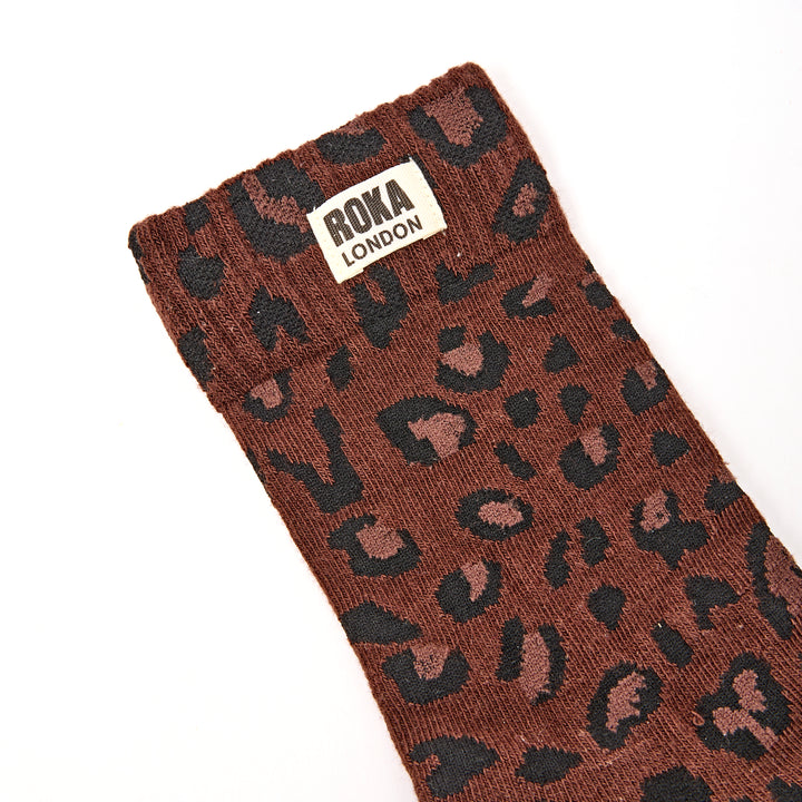 Wimbledon Crew Socks for Women in Brown Leopard
