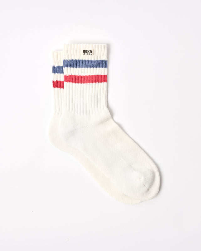 Windsor Stripe Crew Socks for Men in Coastal Blue/Scarlet