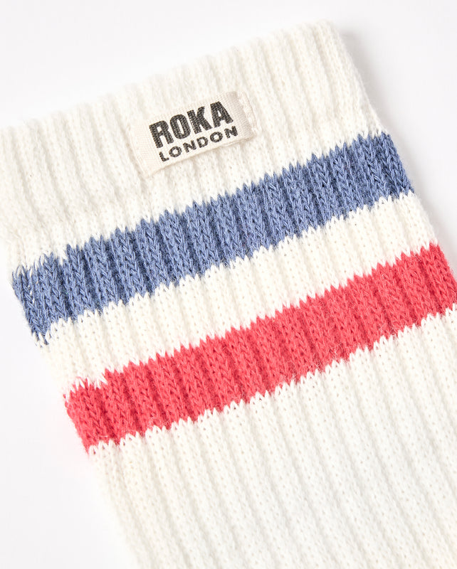 Windsor Stripe Crew Socks for Men in Coastal Blue/Scarlet