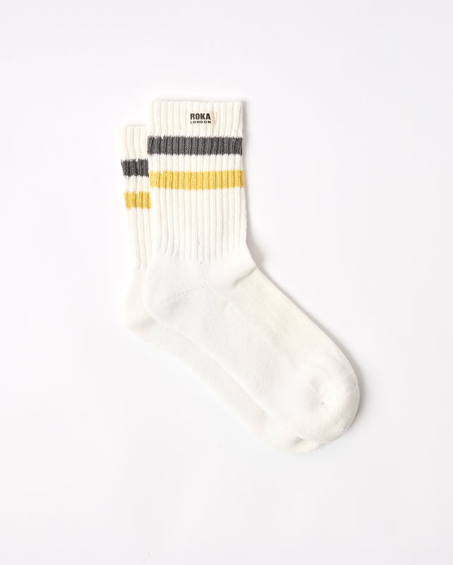 Windsor Stripe Crew Socks for Men in Faded Black/Summer Yellow