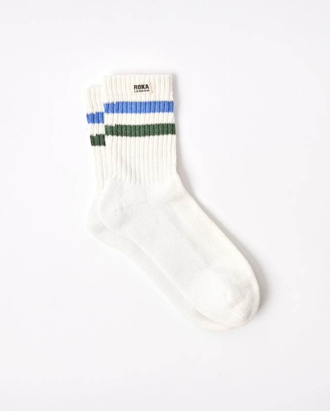 Windsor Stripe Crew Socks for Men in Malibu Blue/Forest