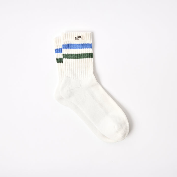 Windsor Stripe Crew Socks for Men in Malibu Blue / Forest