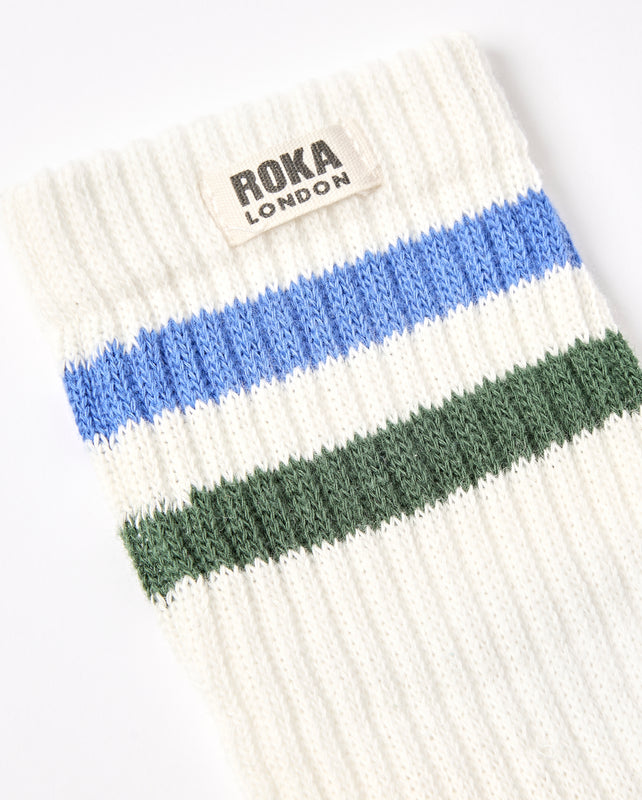 Windsor Stripe Crew Socks for Men in Malibu Blue/Forest