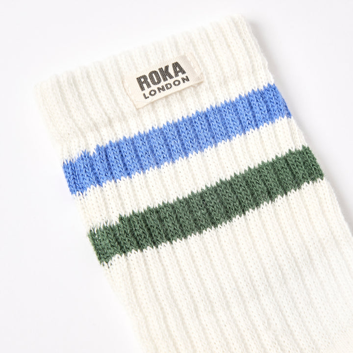 Windsor Stripe Crew Socks for Men in Malibu Blue / Forest