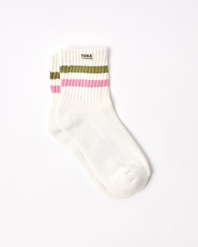 Windsor Stripe Crew Socks for Women in Avocado/Pink Carnation