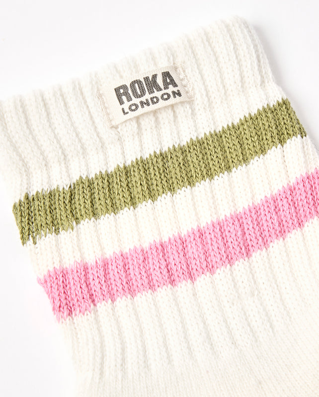 Windsor Stripe Crew Socks for Women in Avocado/Pink Carnation