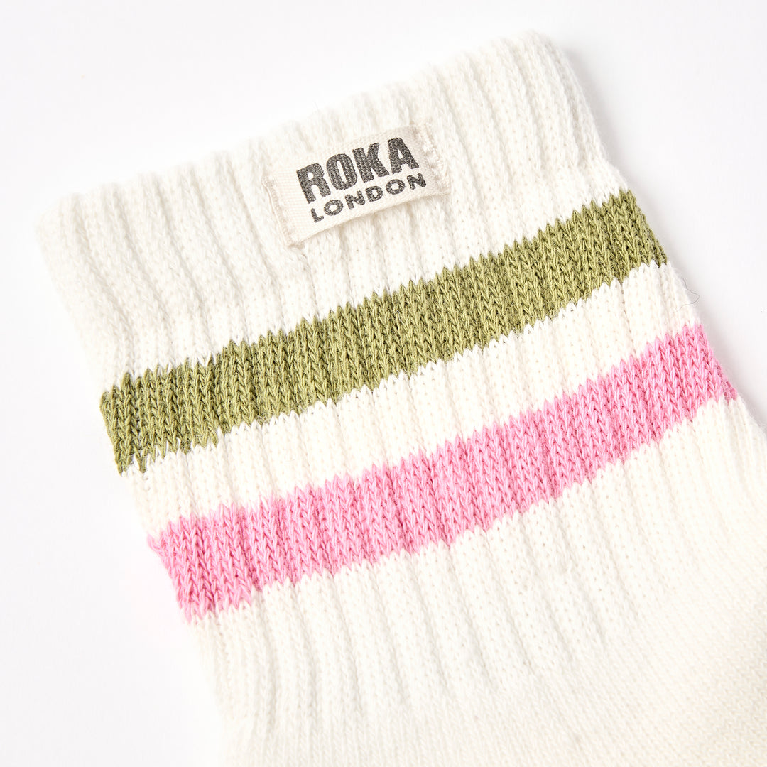 Windsor Stripe Crew Socks for Women in Avocado/Pink Carnation